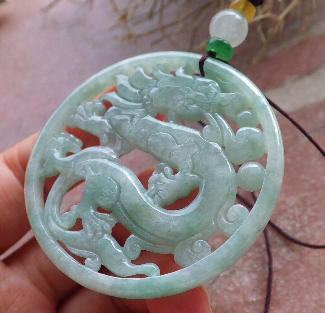 Certified Green Burma 100% Natural A Jade jadeite Pendant Dragon Circle Necklace 生意兴隆 646443 TN