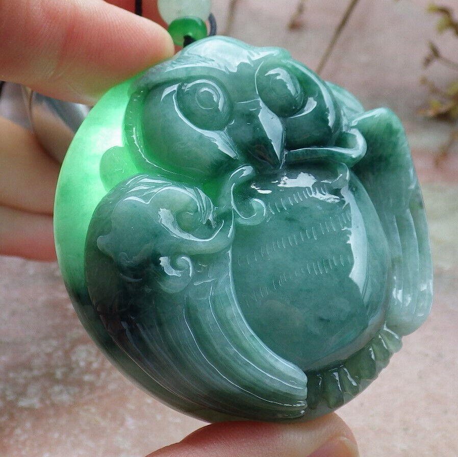 Certified Green Burma 100% Natural A Jade jadeite Pendant Owl Money Coin Ruyi Necklace 猫头鹰 632677 TN