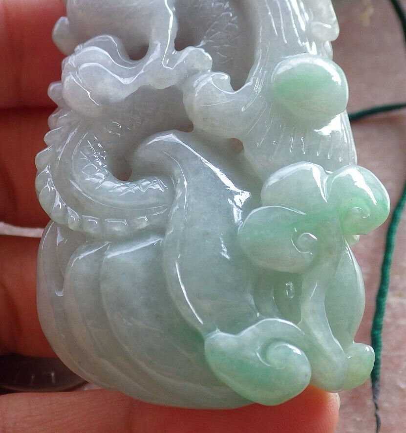Certified Green Pale Lavender Burma 100% Natural A Jade jadeite Pendant Dragon Ruyi Coin Necklace 生意兴隆 646733 TN