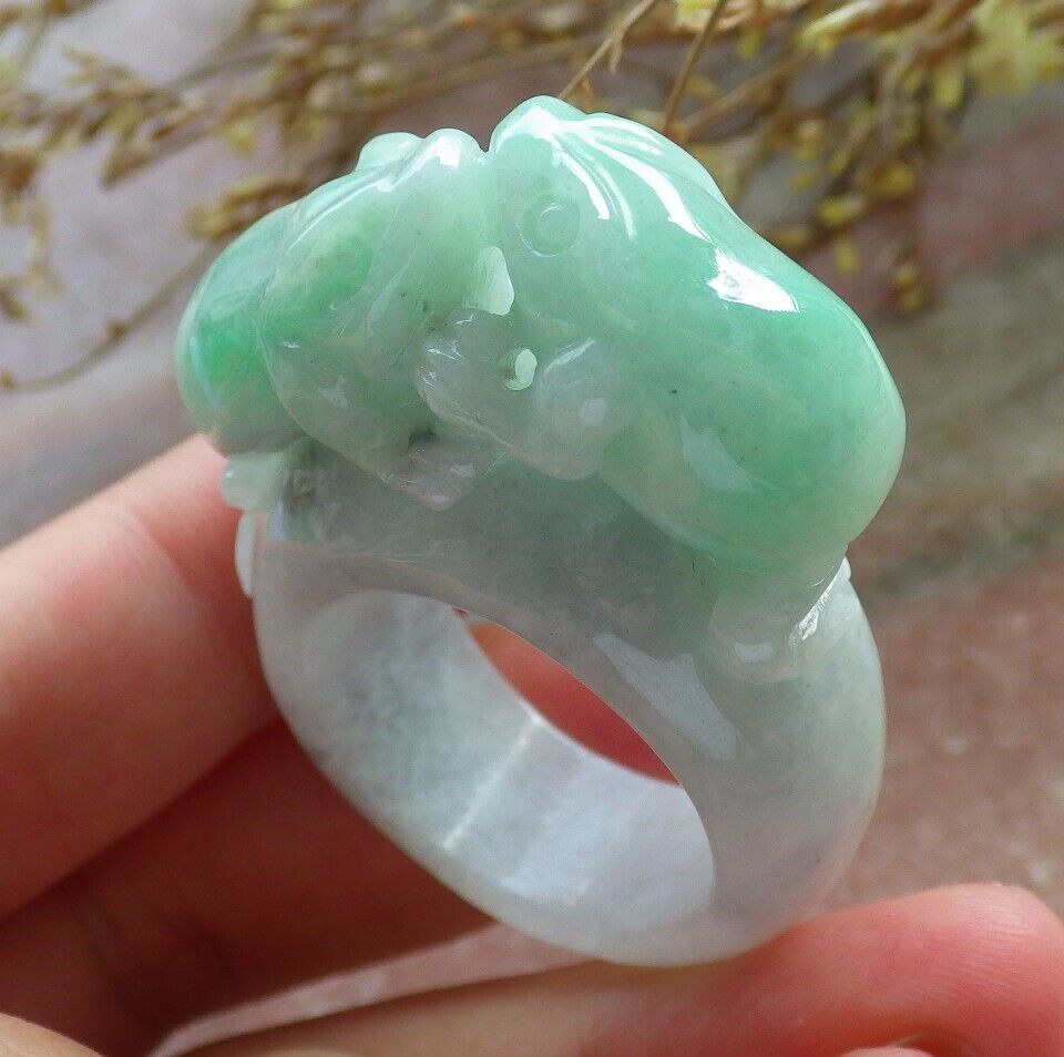 Certified Green Burma 100% Natural A JADE Jadeite Frog Toad Money Coin RING USA. 12.5 戒指 575539 TN
