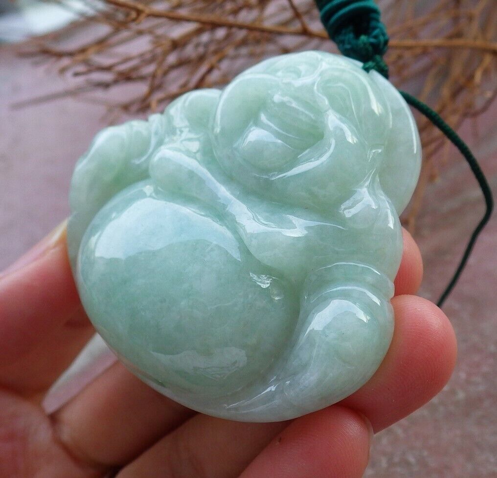 Certified Green Burma 100% Natural A Jade jadeite pendant Happy Buddha God Necklace 开心佛 525627 TN