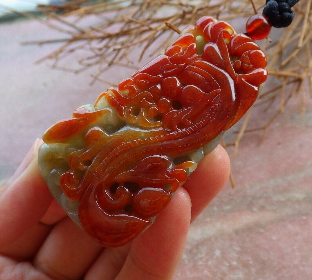 Certified Red 100% Natural A Jade jadeite Pendant Dragon Bat Lotus Leaf Necklace 龙 526231 TN