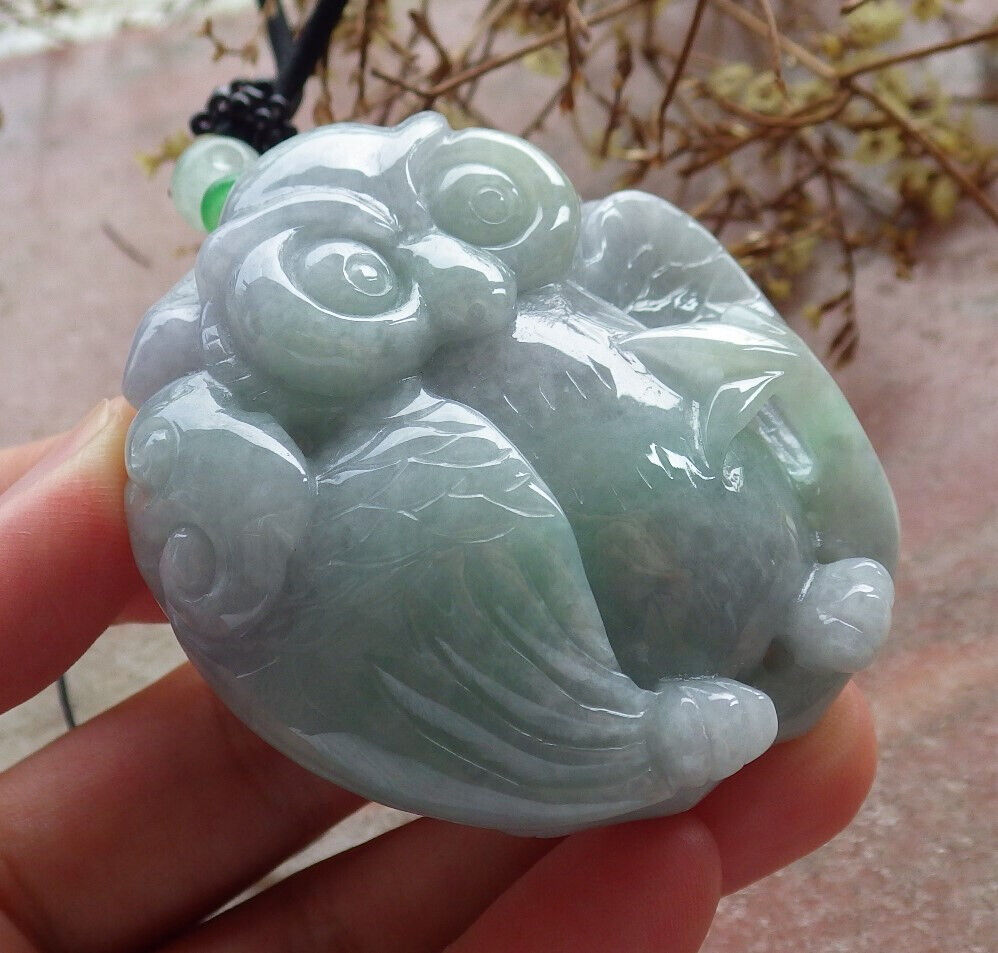 Certified Green Burma 100% Natural A Jade jadeite Pendant Owl Ruyi Necklace 猫头鹰 633445 TN