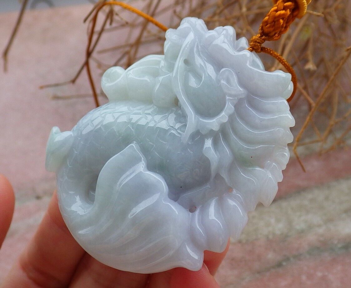 Certified Green Pale Lavender 100% Natural A Jade jadeite Pendant Dragon Fish Bead Money Coin Necklace 龙鱼 520364 TN