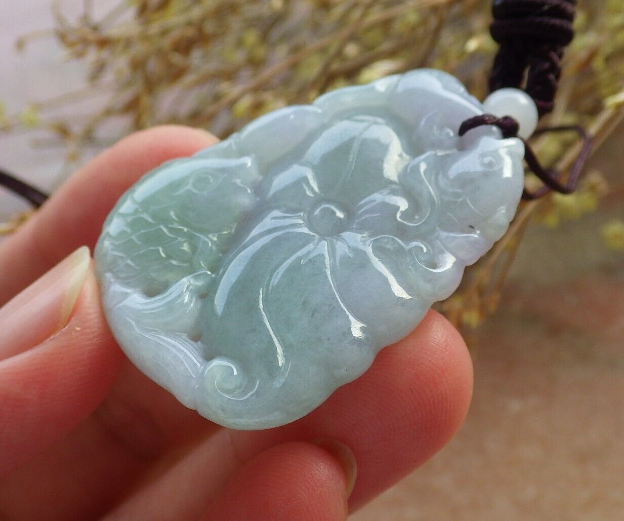 Certified Green Pale Lavender Burma 100% Natural A Jade jadeite Pendant Fish Lotus Leaf Necklace 年年有余 575361 TN