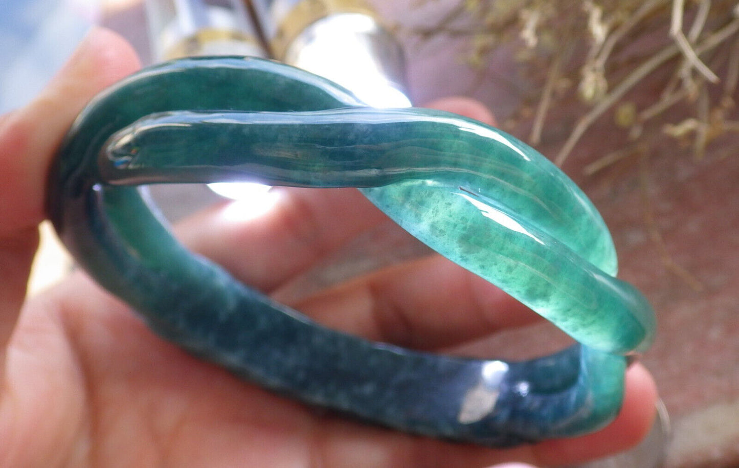 Certified Icy Green Burma 100% Natural A JADE Jadeite Flower Knotted Bangle Bracelet 64 mm 手镯 646718 TN