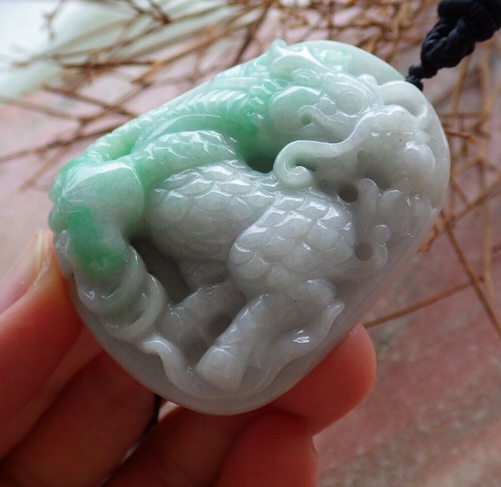 Certified Green 100% Natural A Jade jadeite pendant Dragon Kai Lun Ruyi Coin Necklace 龙 麒麟 525954 TN