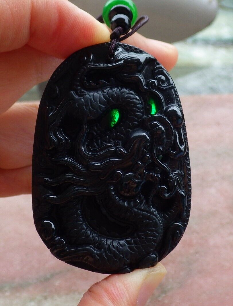 Certified Green Black 100% Natural A Jade jadeite Pendant Dragon Spit Bead Necklace 墨翠 生意兴隆 525037 TN