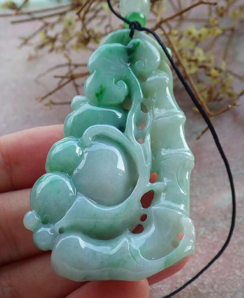 Certified Green Burma 100% Natural A Jade jadeite Pendant Panda Bamboo Ruyi Necklace 熊猫 633295 TN