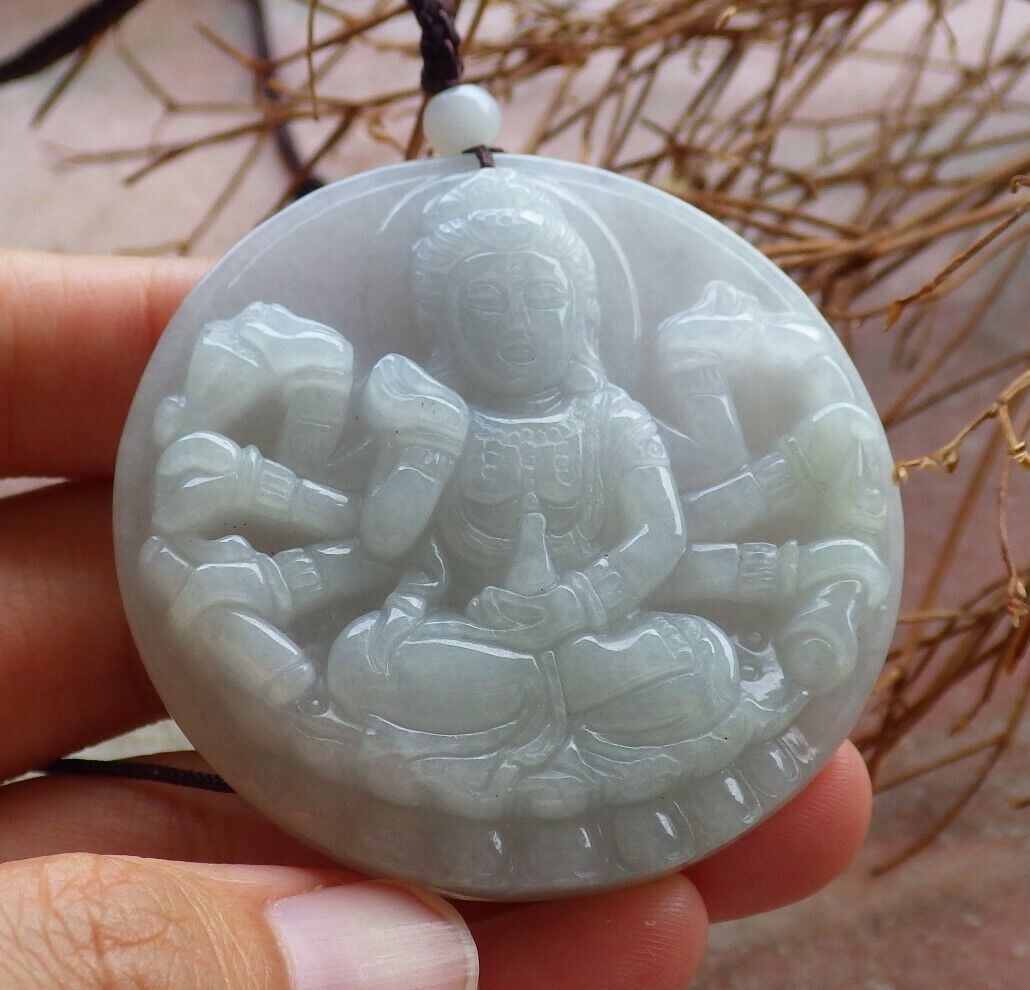Certified Pale Lavender Green Burma 100% Natural A Jade jadeite pendant 1000 Hand Guanyin Kwan Yin Necklace 观音 526148 TN