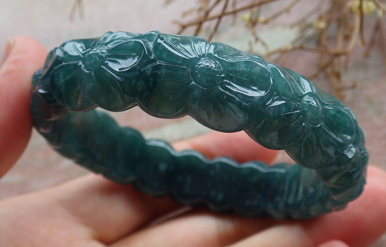 Certified Icy Blue Water Green Burma 100% Natural A JADE Jadeite Flower Bangle Bracelet 55 mm 635396 AS