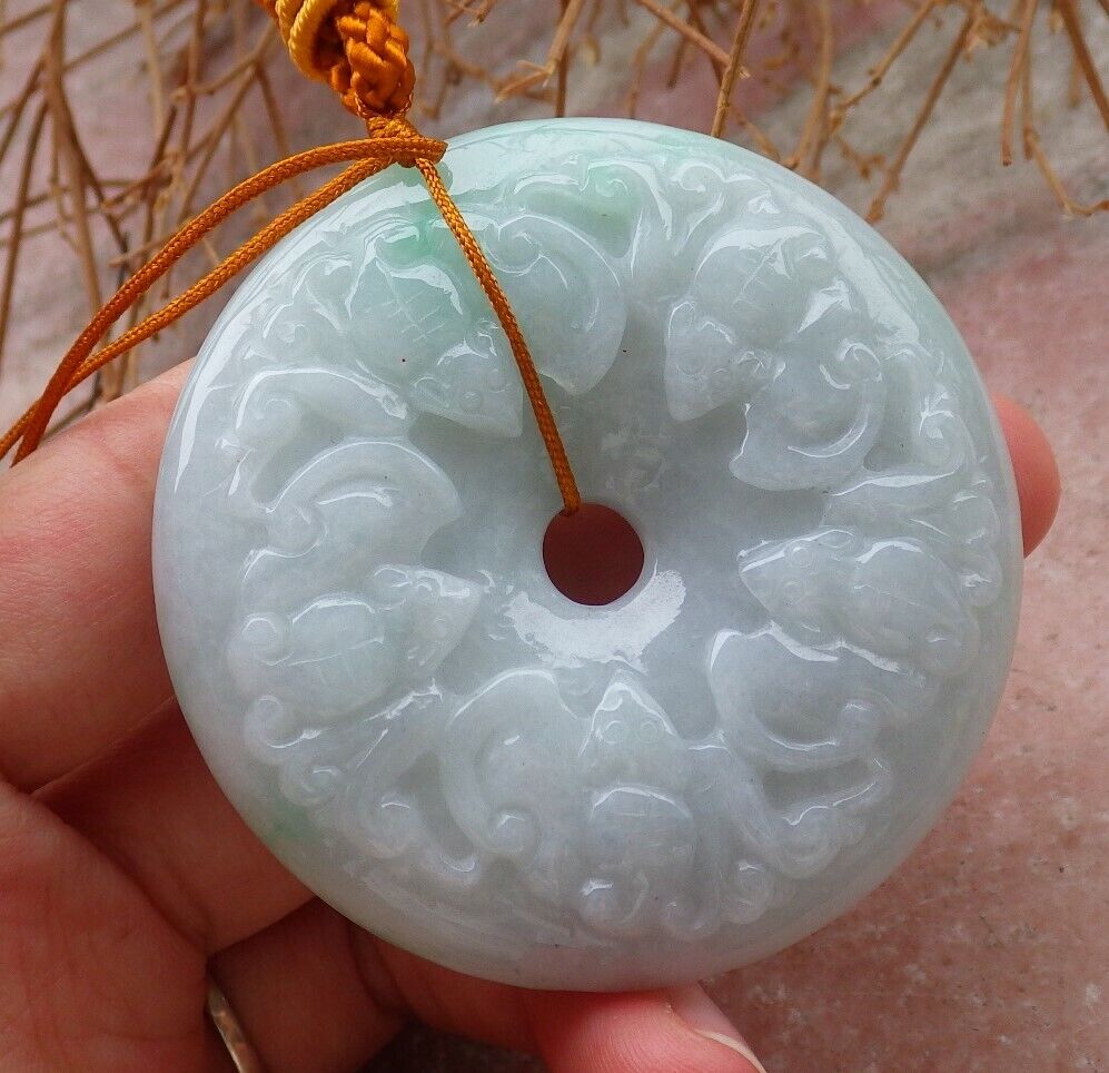 Certified Green 100% Natural A Jade jadeite pendant Mandarin Duck Dragon Phoenix 5 Bat Necklace 龙凤 519621 TN
