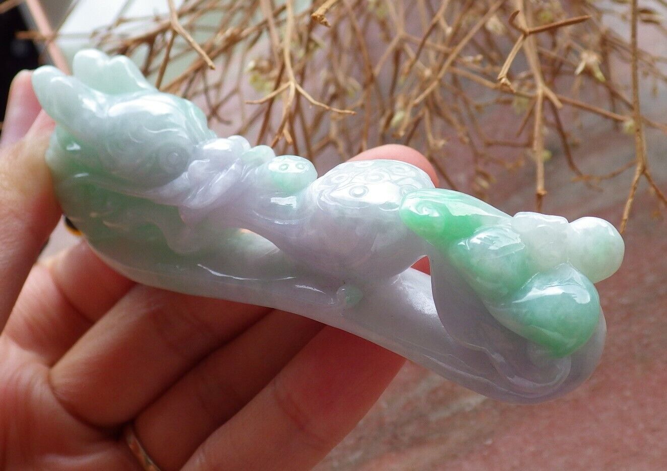 Certified Green Pale Lavender 100% Natural A Jade jadeite Pendant Dragon Pi Xiu Bat Lotus Flower Ruyi Hook Necklace 龙钩 517612 TN