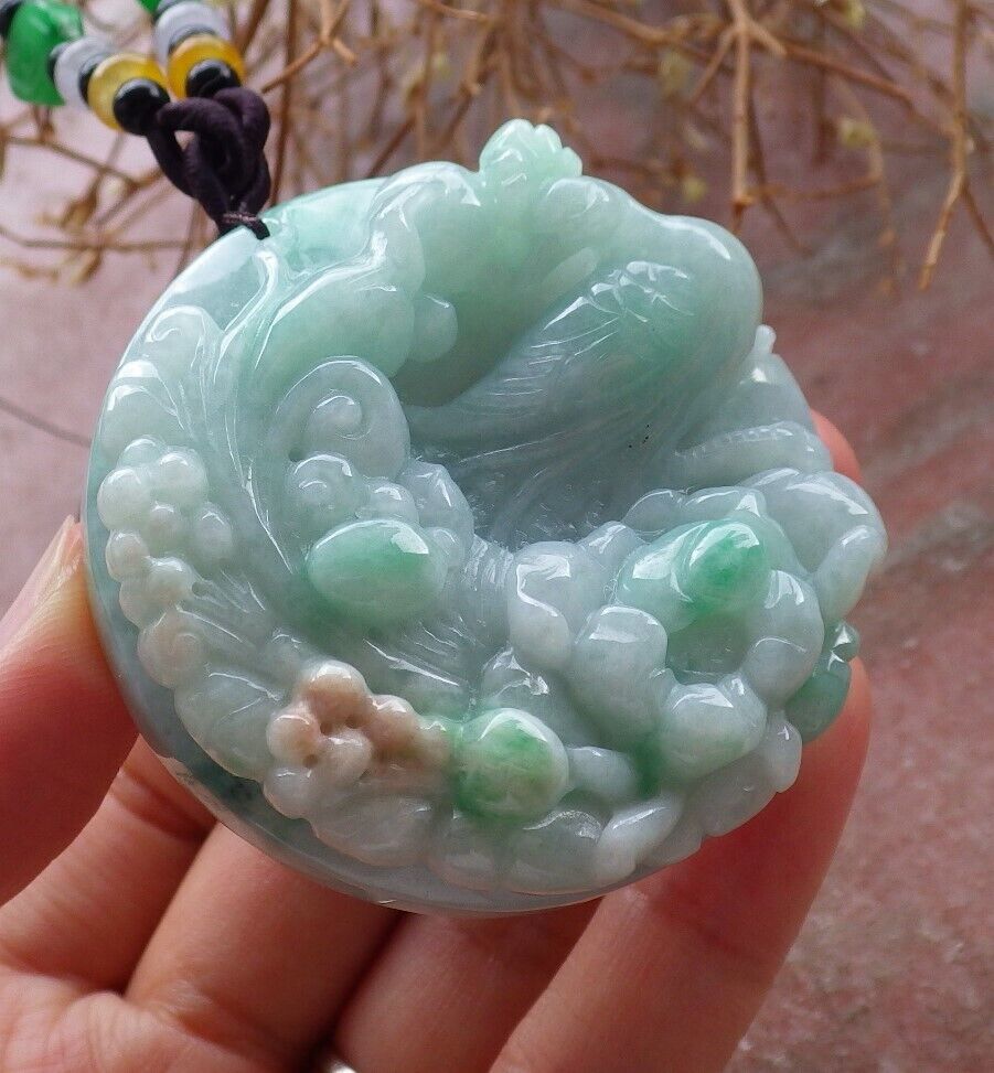Certified Green Yellow 100% Burma Natural A Jade jadeite Pendant Phoenix Bird Lotus Flower Necklace 鸟语花香 517623 TN