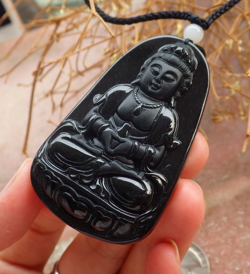 Certified Green Black 100% Burma Natural A Jade jadeite pendant Guanyin Kwan Yin Lotus Flower Necklace墨翠 观音 518432 TN