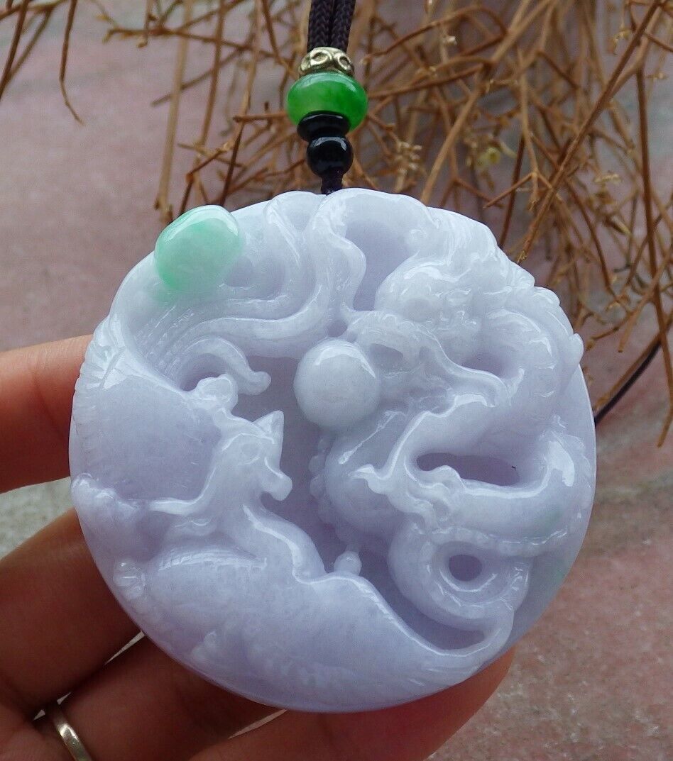Certified Green Pale Lavender 100% Burma Natural A Jade jadeite Pendant Dragon Phoenix Spit Bead Necklace 521542 TN