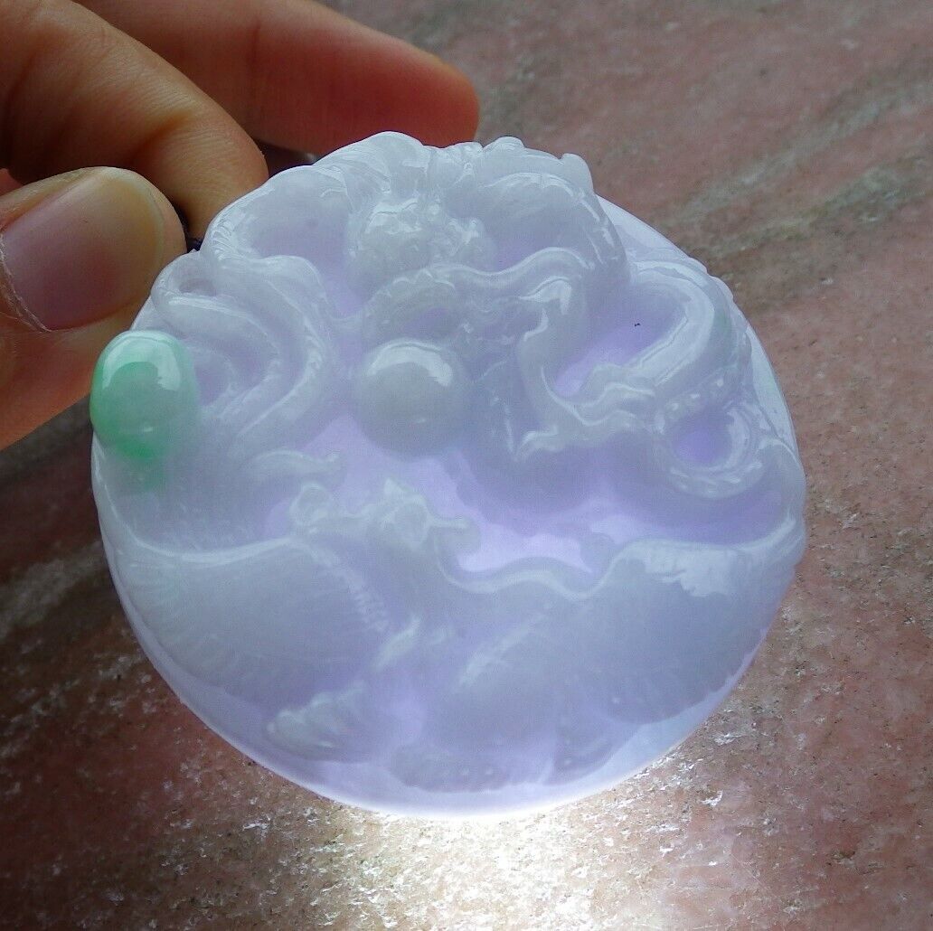 Certified Green Pale Lavender 100% Burma Natural A Jade jadeite Pendant Dragon Phoenix Spit Bead Necklace 521542 TN