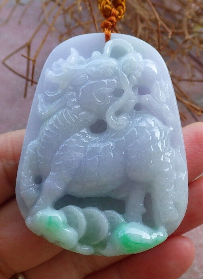 Certified Green Pale Lavender 100% Burma Natural A Jade jadeite Pendant Dragon Kai Lotus Flower Ruyi Money Coin Necklace 龙 麒麟 522362 TN
