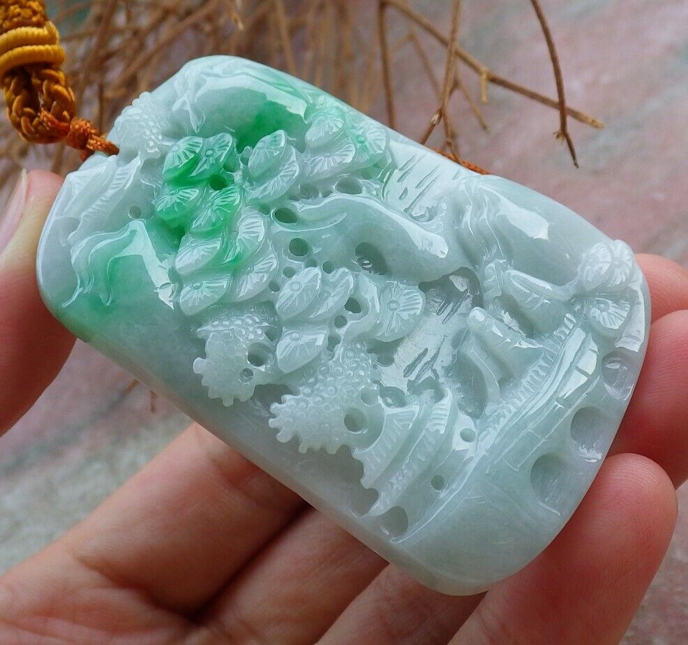 Certified Green 100% Burma Natural A Jade jadeite Landscape painting Tree Necklace Necklace 山水画 522371 TN