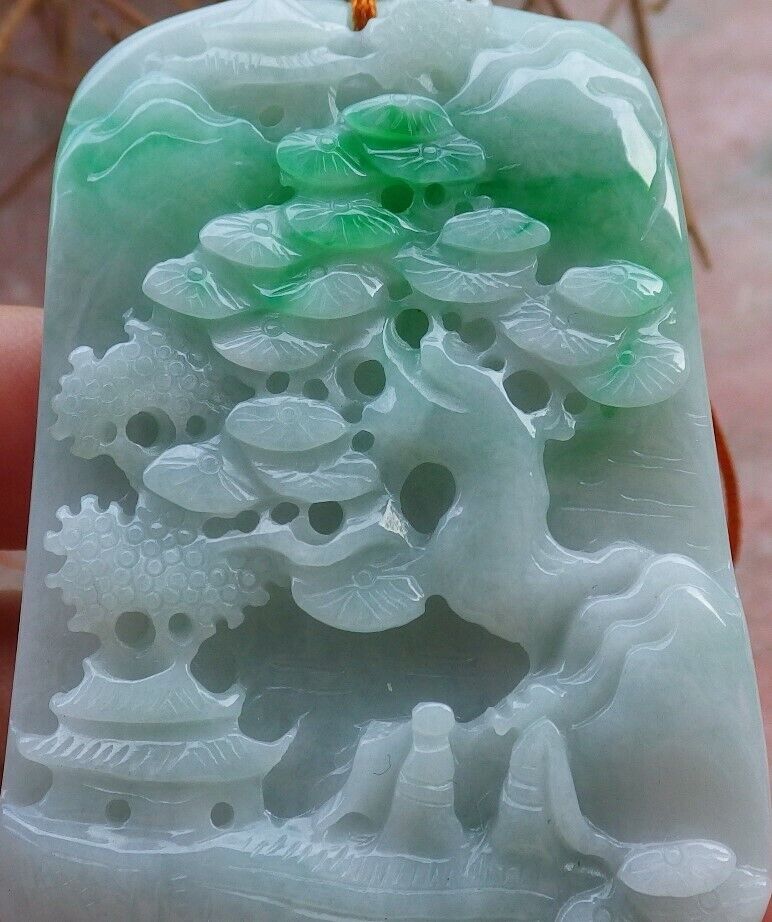 Certified Green 100% Burma Natural A Jade jadeite Landscape painting Tree Necklace Necklace 山水画 522371 TN