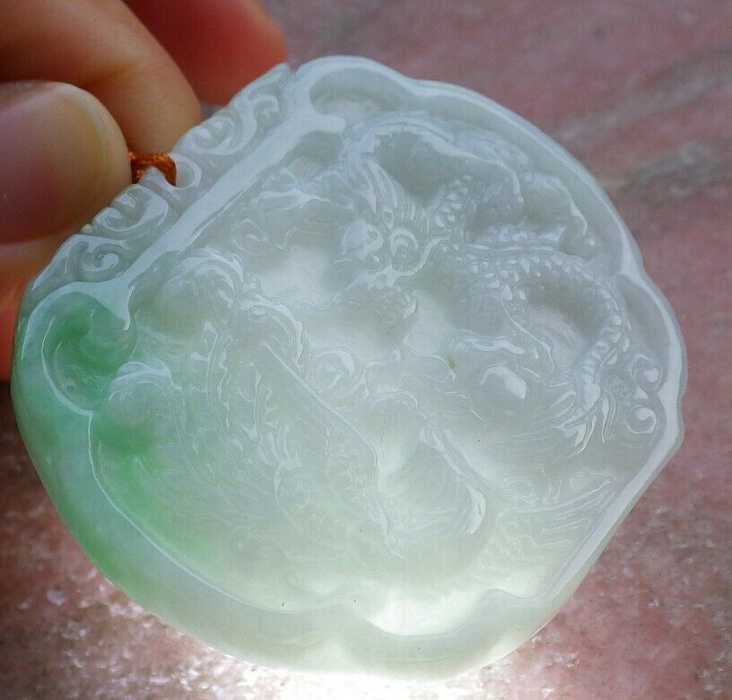 Certified Green 100% Natural A Jade jadeite Pendant Dragon Phoenix Spit Bead Necklace 龙凤 522395 TN