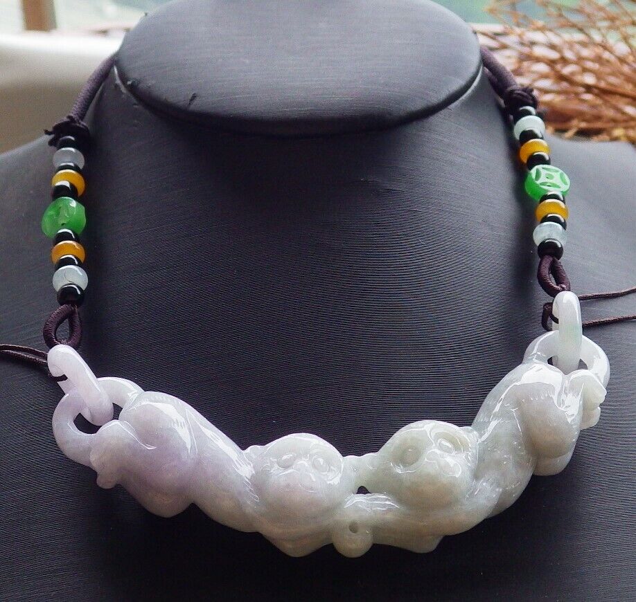 Certified Pale Lavender Green 100% Burma Natural A Jade jadeite Pendant Twin Monkey Circle Ring Necklace 猴子 522437 TN