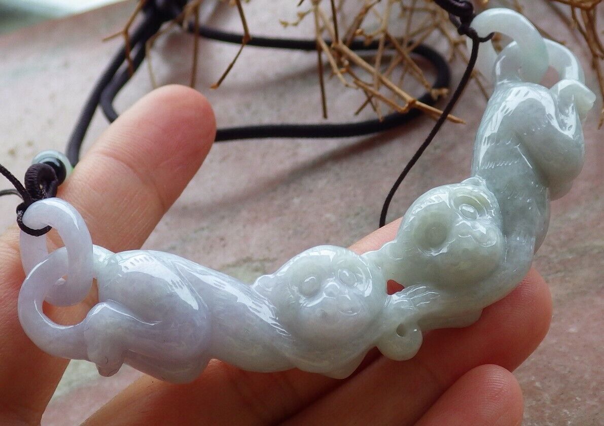 Certified Pale Lavender Green 100% Burma Natural A Jade jadeite Pendant Twin Monkey Circle Ring Necklace 猴子 522437 TN