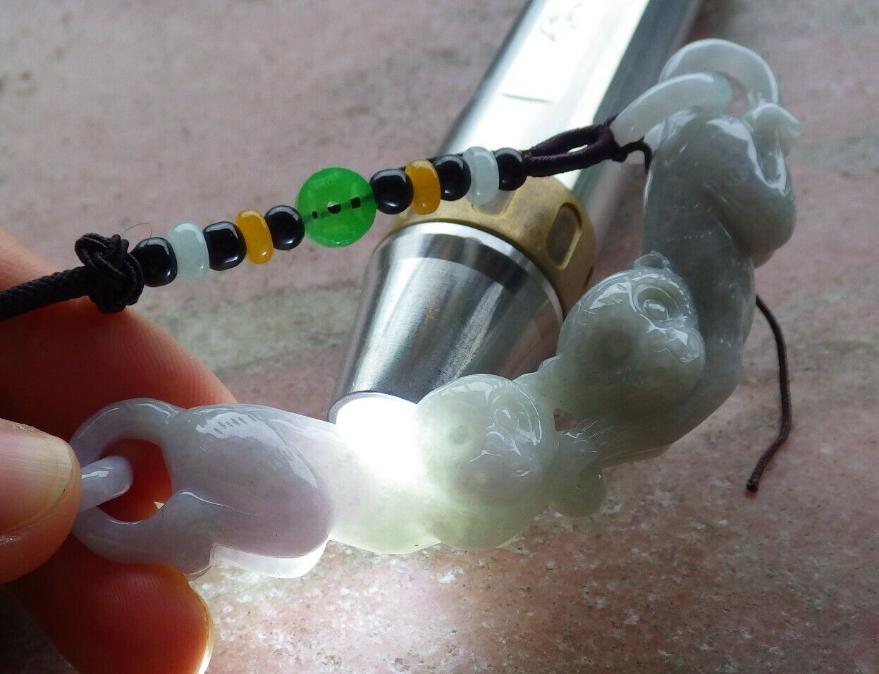 Certified Pale Lavender Green 100% Burma Natural A Jade jadeite Pendant Twin Monkey Circle Ring Necklace 猴子 522437 TN
