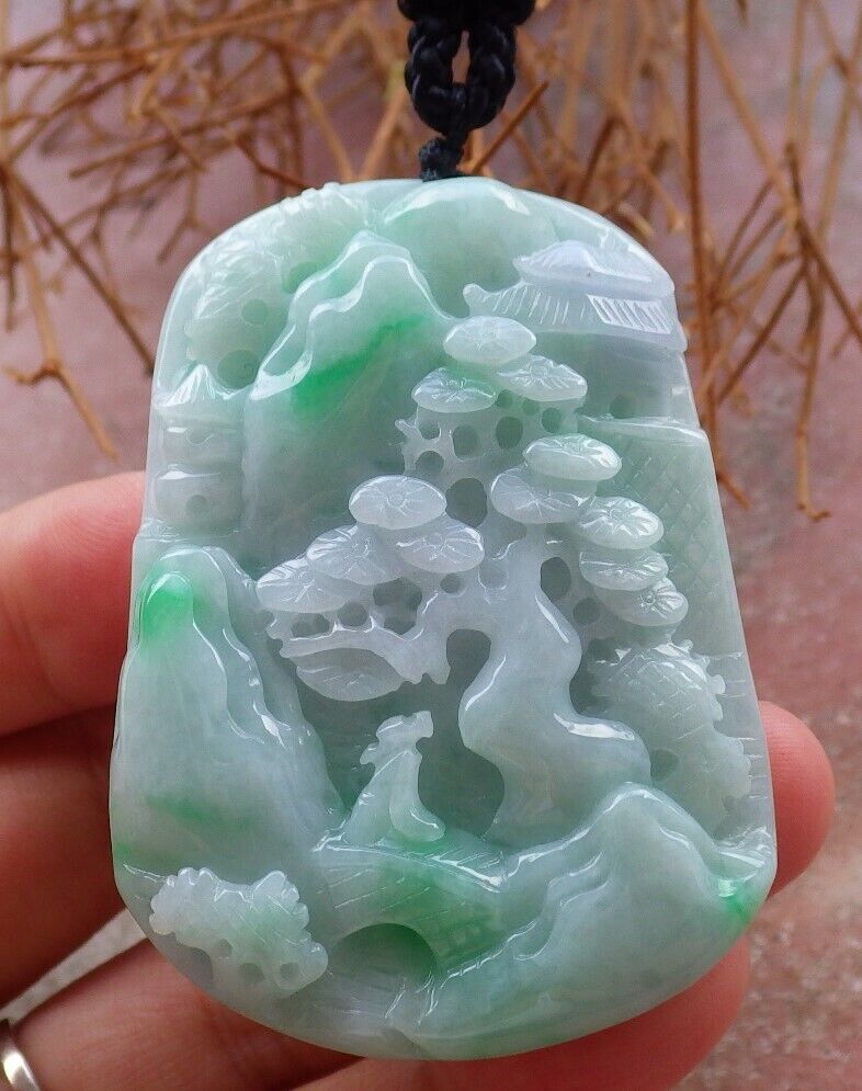 Certified Green Pale Lavender 100% Burma Natural A Jade jadeite Landscape painting Tree Necklace 山水画 522667 TN