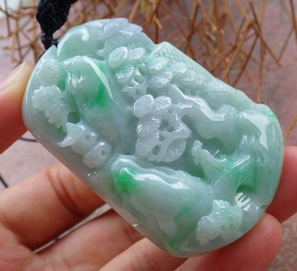 Certified Green Pale Lavender 100% Burma Natural A Jade jadeite Landscape painting Tree Necklace 山水画 522667 TN
