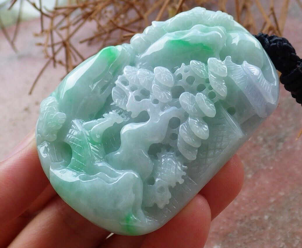 Certified Green Pale Lavender 100% Burma Natural A Jade jadeite Landscape painting Tree Necklace 山水画 522667 TN