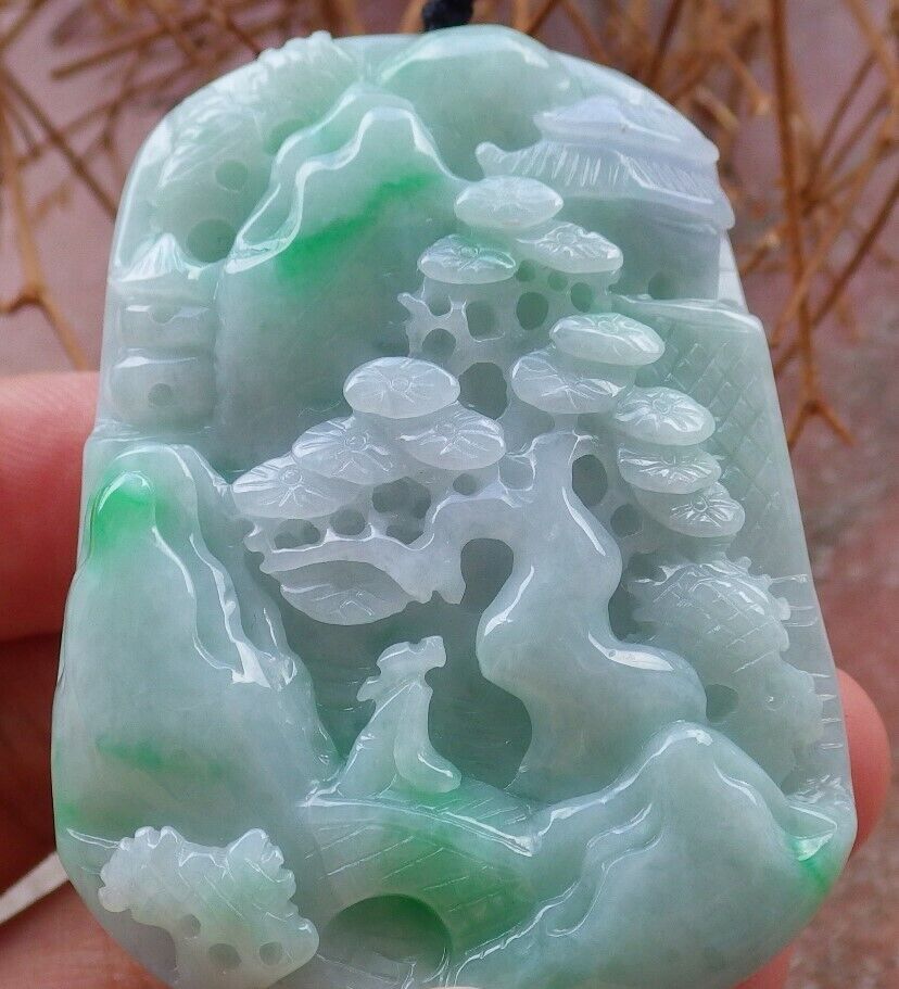 Certified Green Pale Lavender 100% Burma Natural A Jade jadeite Landscape painting Tree Necklace 山水画 522667 TN