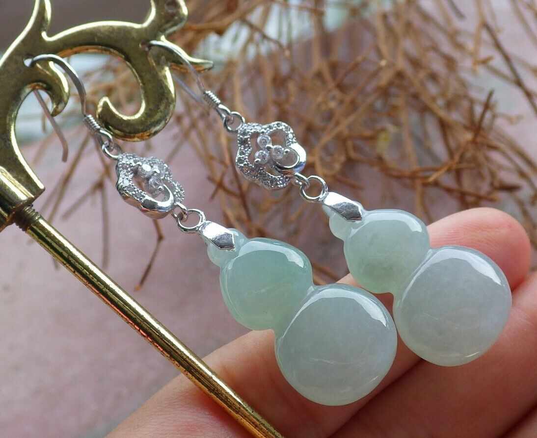 Certified Icy Green Sterling Silver 0.925 100% Burma Natural A Jade jadeite Gourd Earrings Earring Dangle 耳环 522708 TN