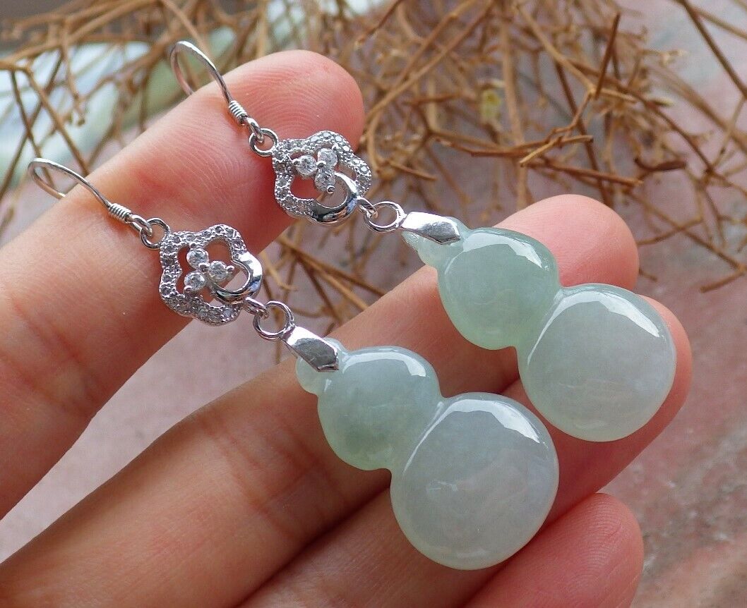 Certified Icy Green Sterling Silver 0.925 100% Burma Natural A Jade jadeite Gourd Earrings Earring Dangle 耳环 522708 TN