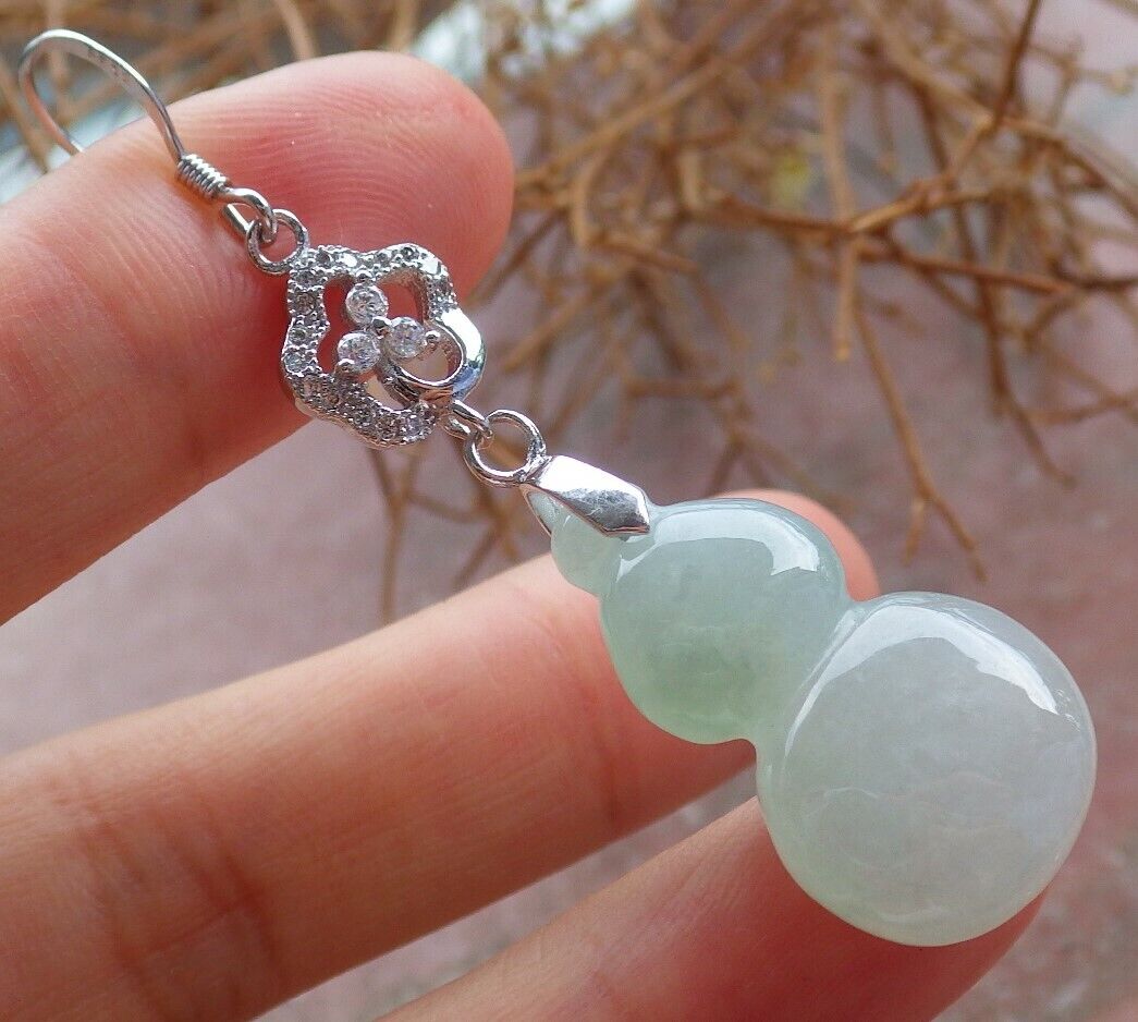 Certified Icy Green Sterling Silver 0.925 100% Burma Natural A Jade jadeite Gourd Earrings Earring Dangle 耳环 522708 TN