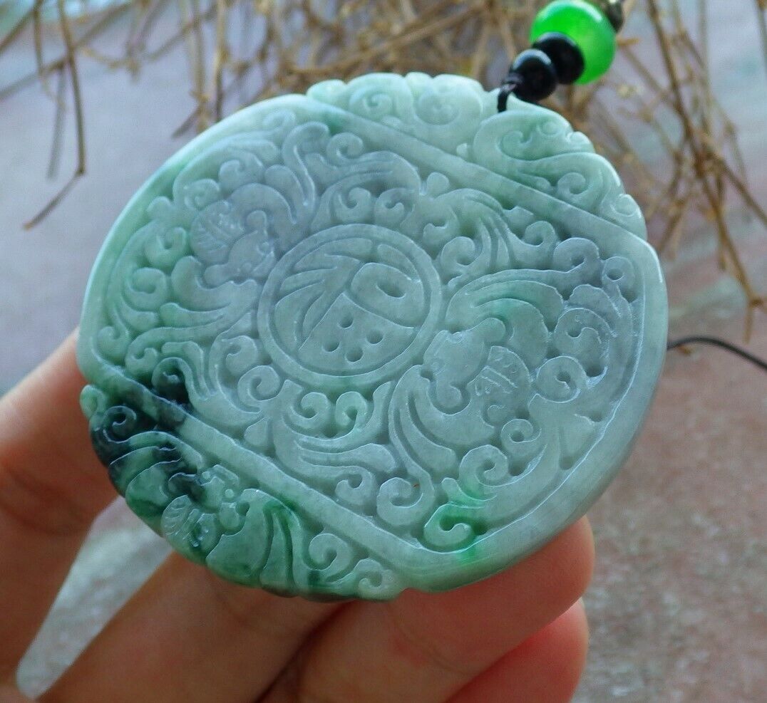 Certified Green Pale Lavender 100% Burma Natural A Jade jadeite Pendant Bat Dragon Flower Coin Ruyi Necklace 龙蝙蝠 522908 TN