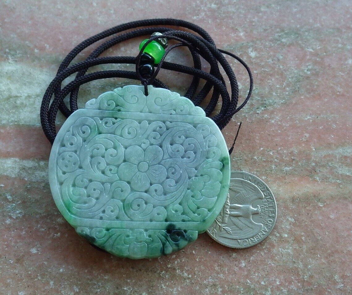 Certified Green Pale Lavender 100% Burma Natural A Jade jadeite Pendant Bat Dragon Flower Coin Ruyi Necklace 龙蝙蝠 522908 TN