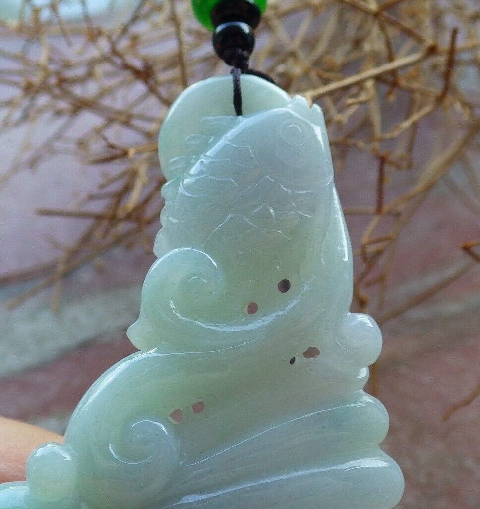Certified Green Pale Lavender 100% Burma Natural A Jade jadeite Pendant Fish Sea Shell Bead Necklace 522948 TN