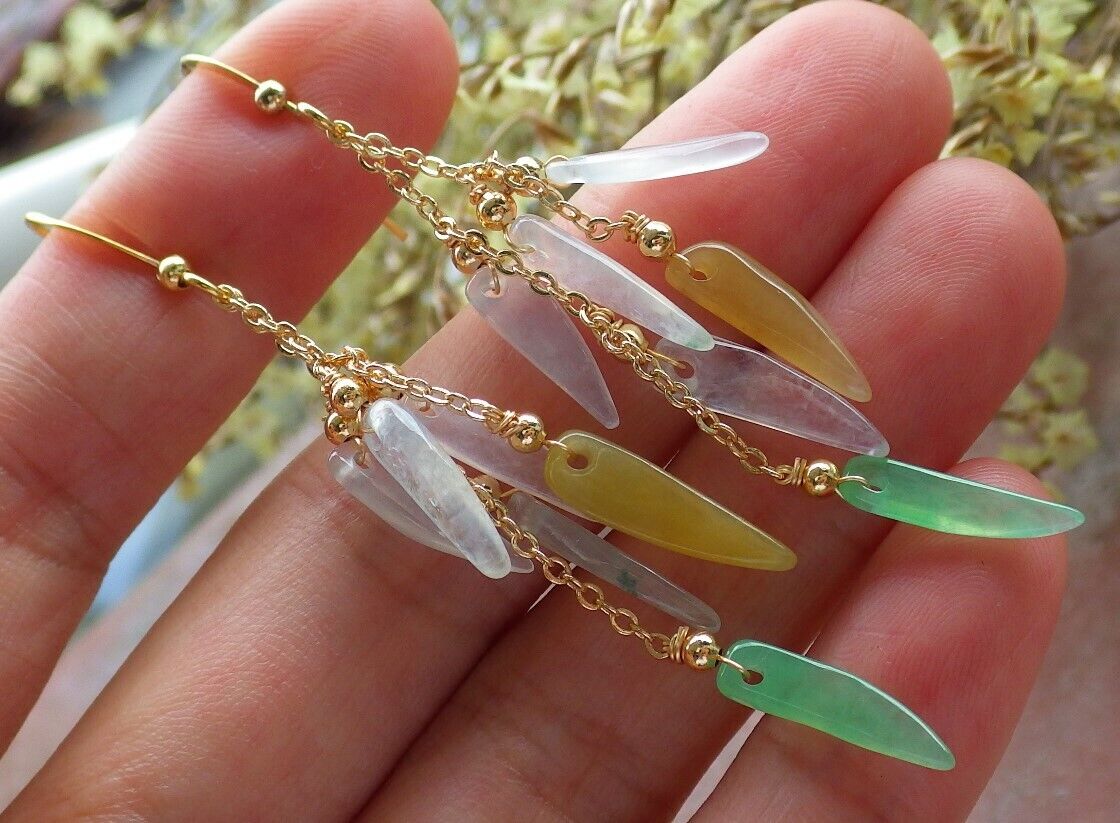 14K Gold Filled Green Yellow Icy White Natural A Jade jadeite Chili Earrings Bead Earring Dangle 耳环 523070 TN