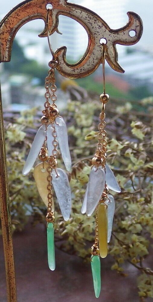 14K Gold Filled Green Yellow Icy White Natural A Jade jadeite Chili Earrings Bead Earring Dangle 耳环 523070 TN