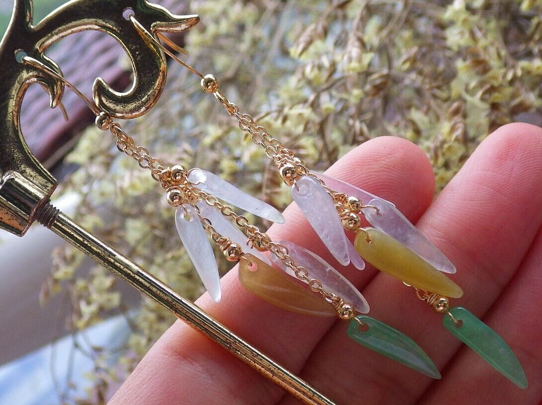 14K Gold Filled Green Yellow Icy White Natural A Jade jadeite Chili Earrings Bead Earring Dangle 耳环 523070 TN