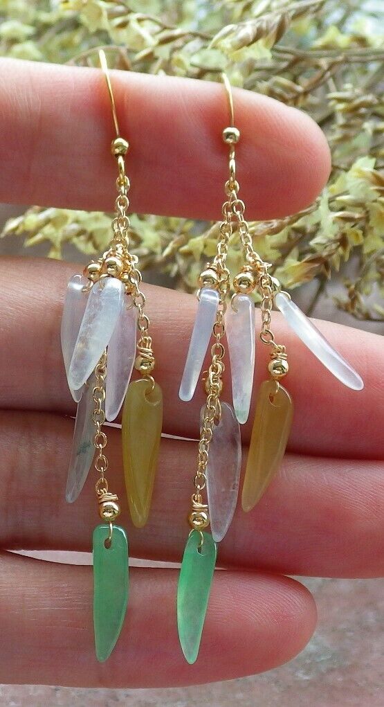 14K Gold Filled Green Yellow Icy White Natural A Jade jadeite Chili Earrings Bead Earring Dangle 耳环 523070 TN