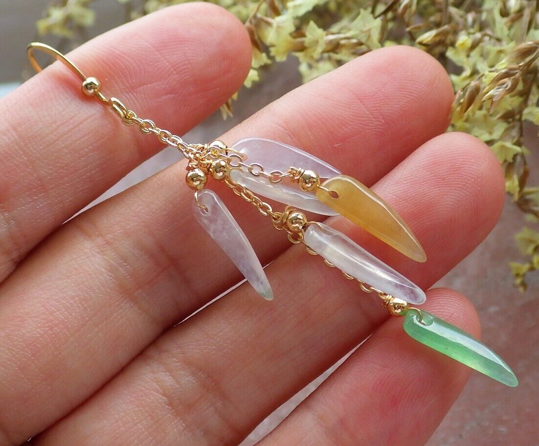 14K Gold Filled Green Yellow Icy White Natural A Jade jadeite Chili Earrings Bead Earring Dangle 耳环 523070 TN