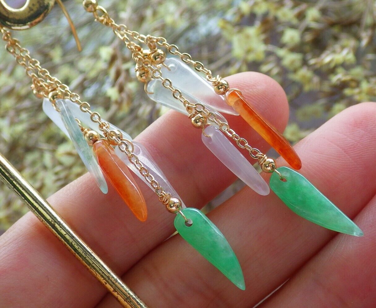 14K Gold Filled Green Red Icy White Natural A Jade jadeite Chili Earrings Bead Earring Dangle 耳环 523107 TN