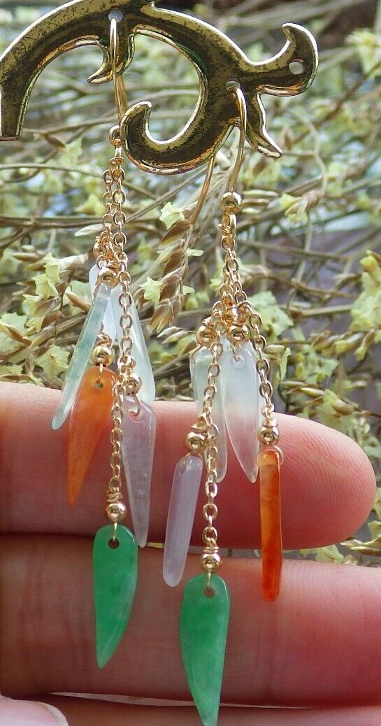 14K Gold Filled Green Red Icy White Natural A Jade jadeite Chili Earrings Bead Earring Dangle 耳环 523107 TN