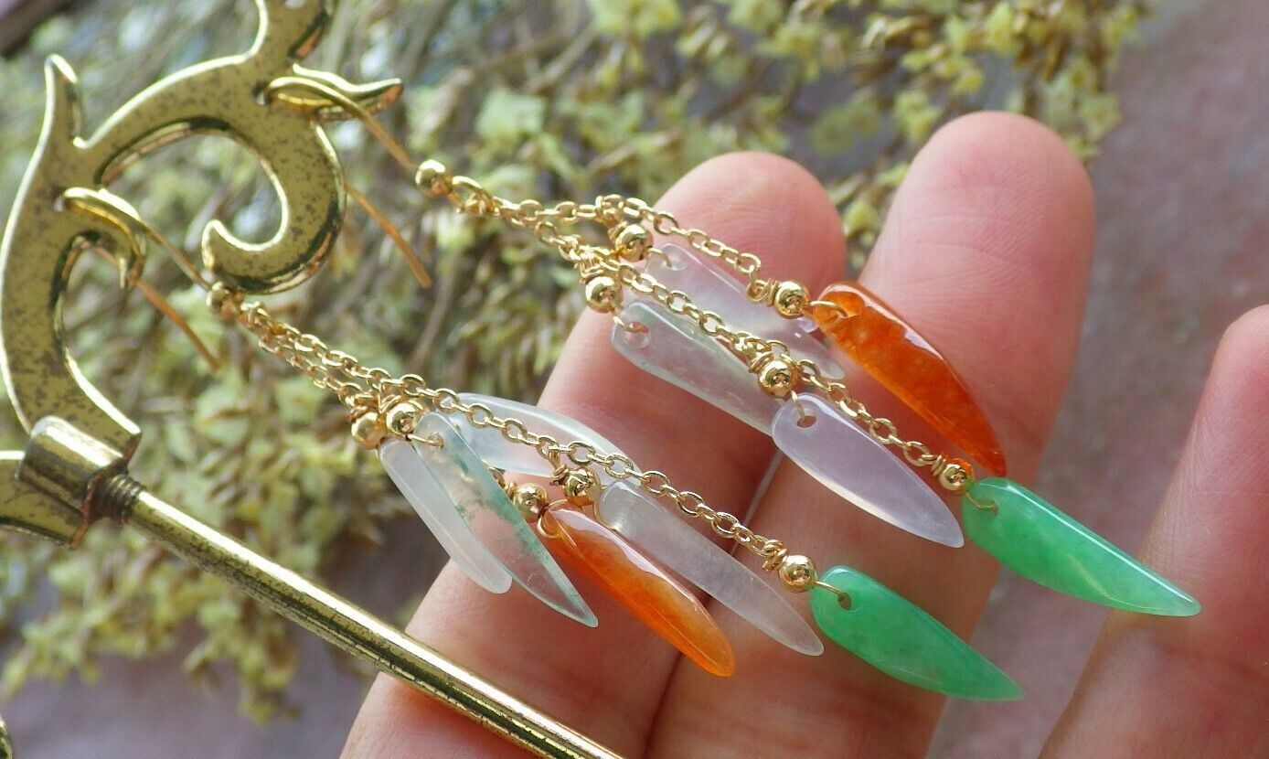 14K Gold Filled Green Red Icy White Natural A Jade jadeite Chili Earrings Bead Earring Dangle 耳环 523107 TN