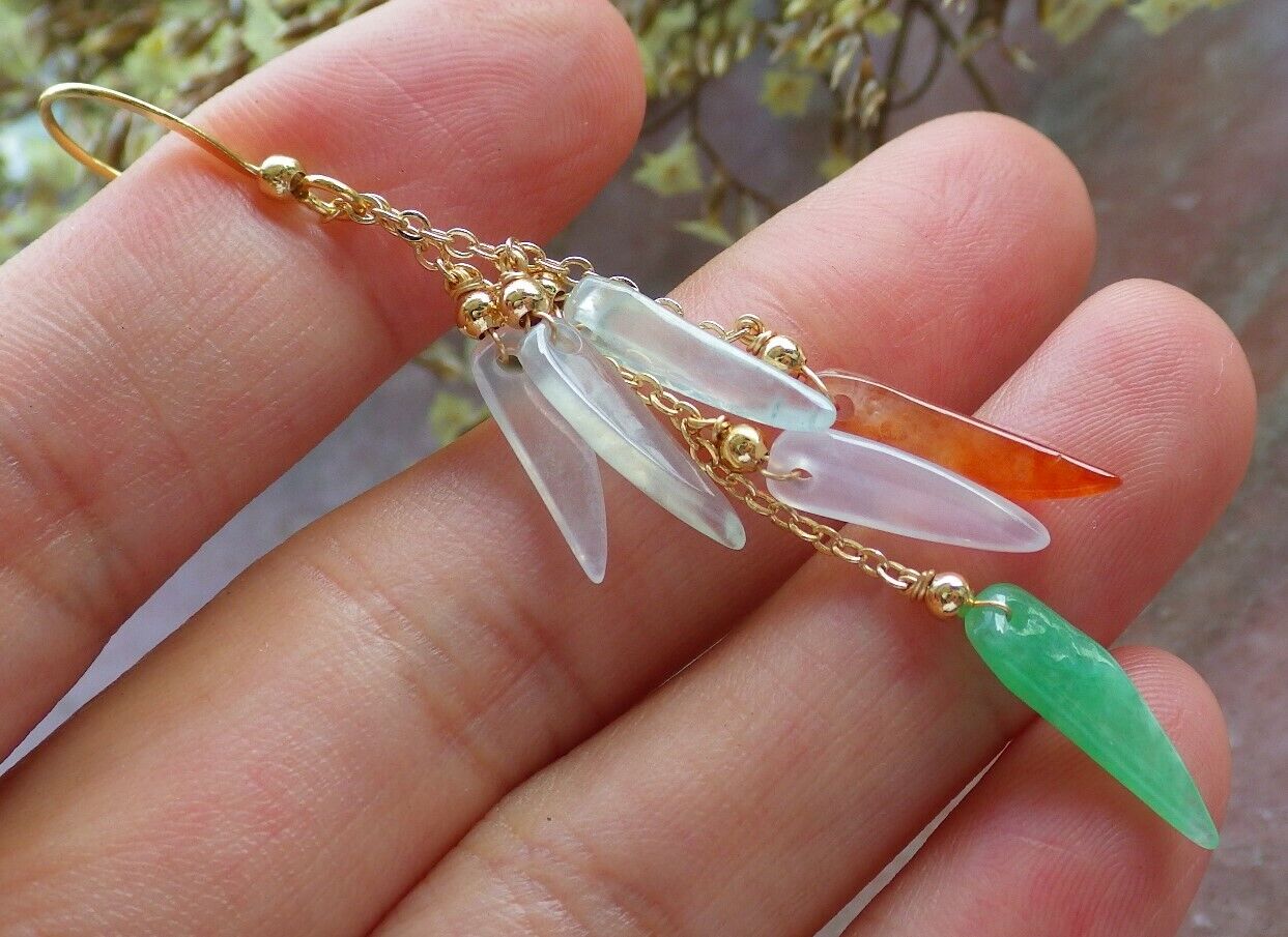 14K Gold Filled Green Red Icy White Natural A Jade jadeite Chili Earrings Bead Earring Dangle 耳环 523107 TN