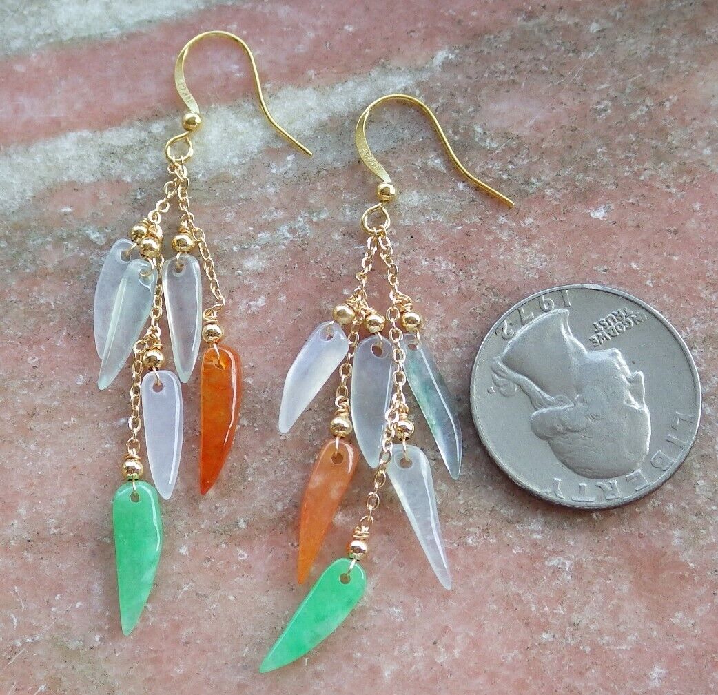 14K Gold Filled Green Red Icy White Natural A Jade jadeite Chili Earrings Bead Earring Dangle 耳环 523107 TN