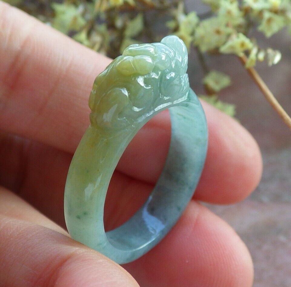 Certified Icy Yellow Green 100% Burma Natural A JADE Jadeite Dragon Pi Xiu RING USA. 9 戒指 523151 TN