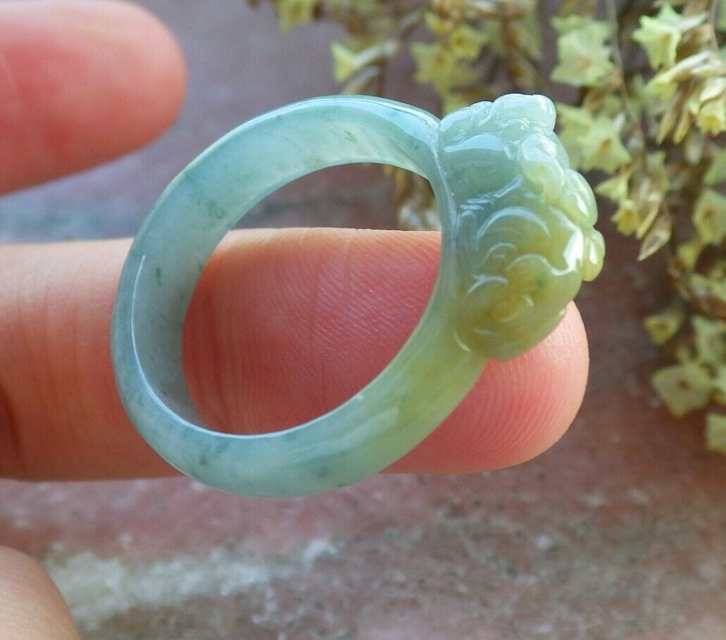 Certified Icy Yellow Green 100% Burma Natural A JADE Jadeite Dragon Pi Xiu RING USA. 9 戒指 523151 TN